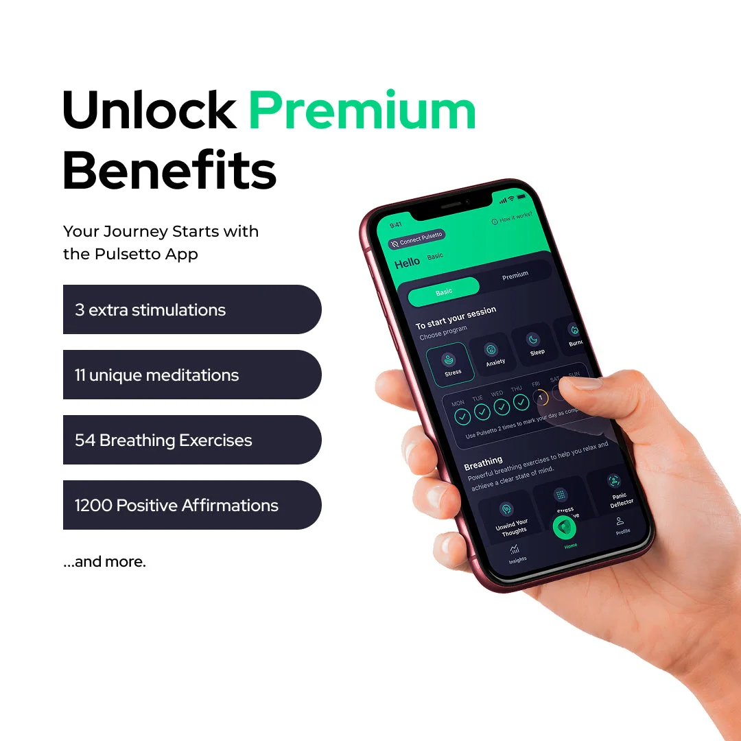 Pulsetto app premium benefits: extra stimulations, meditations and breathing exercises