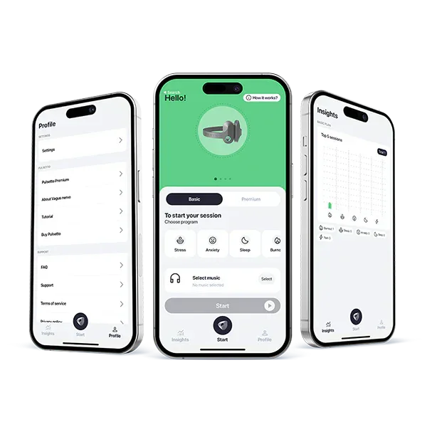 Pulsetto app session screens on three phones