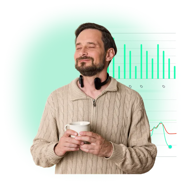 Man relaxing with a warm drink after a Pulsetto session